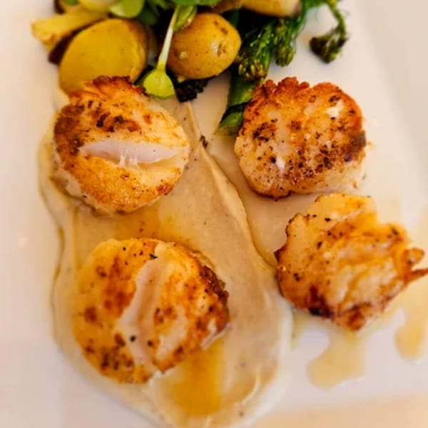 Pan-seared scallops on a bed of creamy sauce, served with roasted potatoes and broccolini.